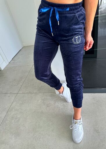 Damskie spodnie welurowe z cekinami N701 granatowy