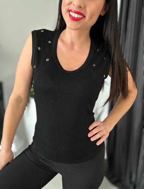 Prążkowany top bluzka z podwójnymi dżetami N707 czarny