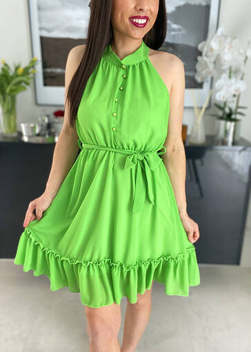 Sukienka na szyję z paskiem i ozdobnymi guzikami WF010 zielona