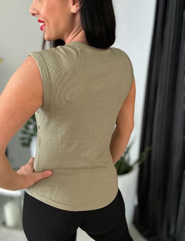 Prążkowany top bluzka z podwójnymi dżetami N708 khaki