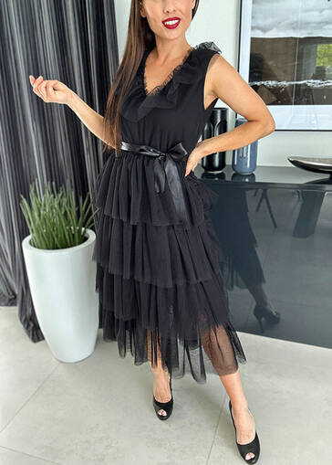 Unikatowa sukienka z tiulu wiązana tasiemką WF699 czarna 