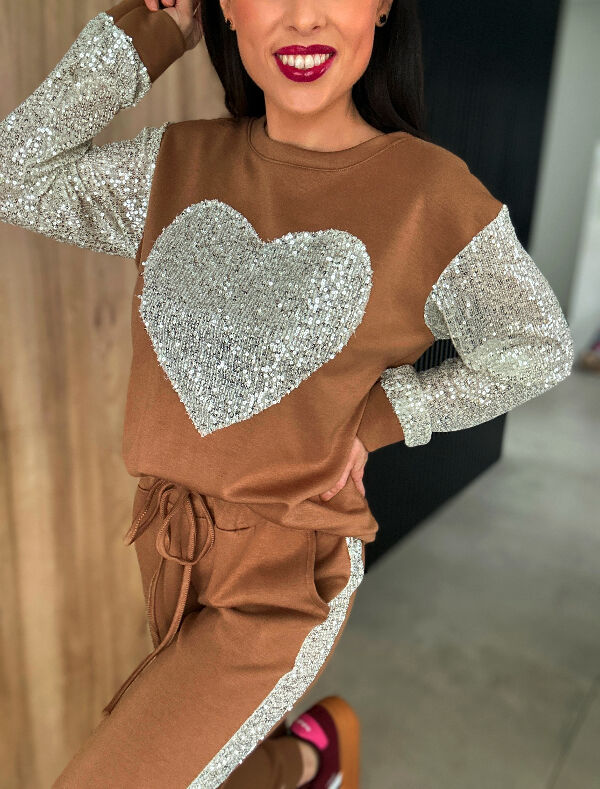 Komplet dresowy Heart z cekinami WF800 camel