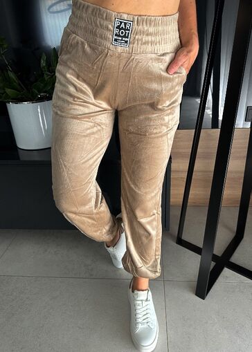 Welurowe elastyczne spodnie z gumką w pasie N670 beżowe