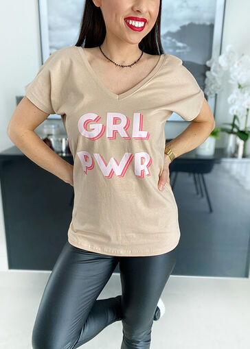 T-shirt z nadrukiem GRL PWR K055 beżowy