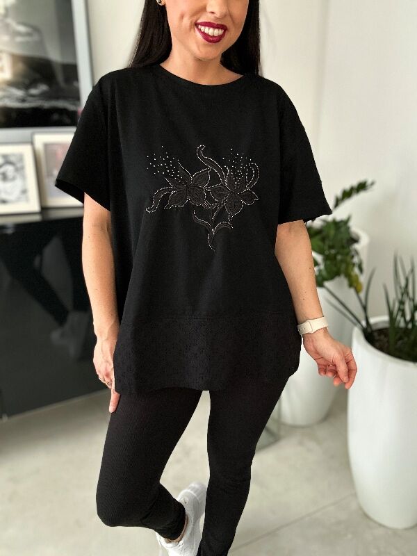 Bluzka z gipiurą i kwiatami N659 czarna