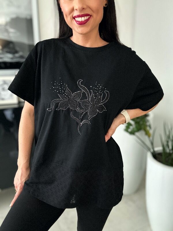 Bluzka z gipiurą i kwiatami N659 czarna