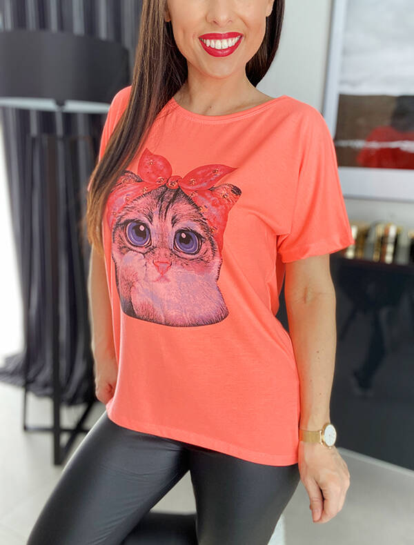 T-shirt z nadrukiem kota Reese K959 neonowy pomarańcz