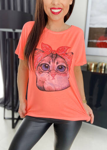 T-shirt z nadrukiem kota Reese K959 neonowy pomarańcz