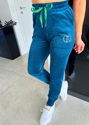 Damskie spodnie welurowe  z cekinami N696 morski