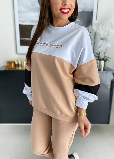 Komplet dresowy bluza z napisem + spodnie Honey Bunny M670 biało-beżowy
