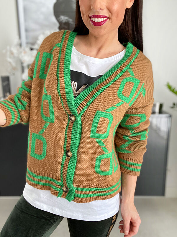 Kardigan sweter w litery WF323 camelowo-zielony