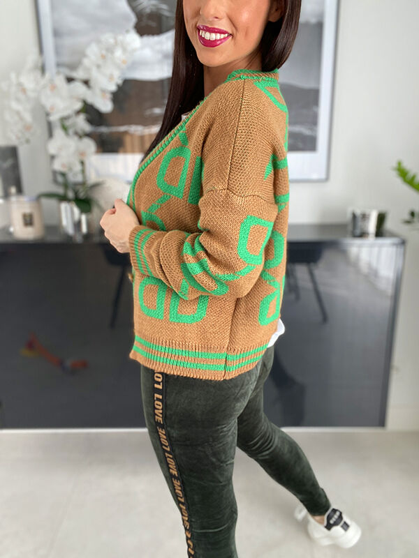 Kardigan sweter w litery WF323 camelowo-zielony