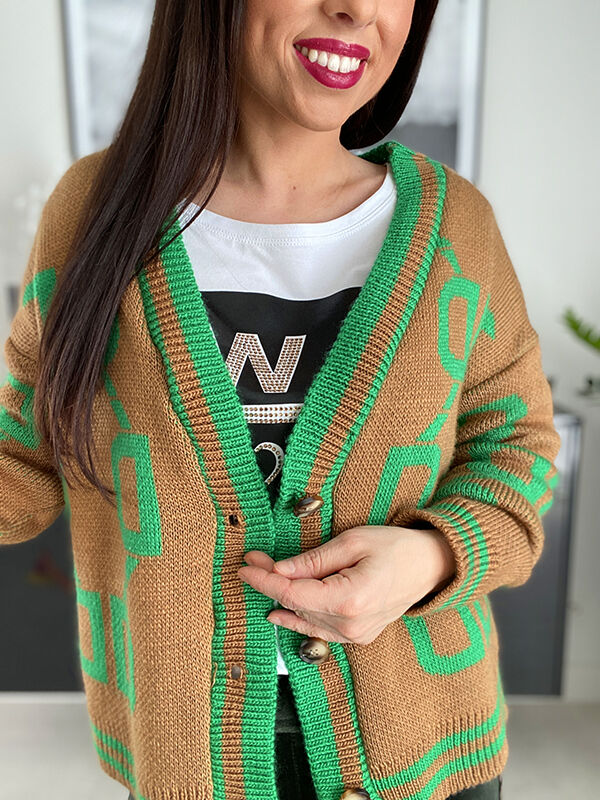 Kardigan sweter w litery WF323 camelowo-zielony