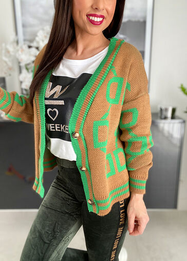 Kardigan sweter w litery WF323 camelowo-zielony