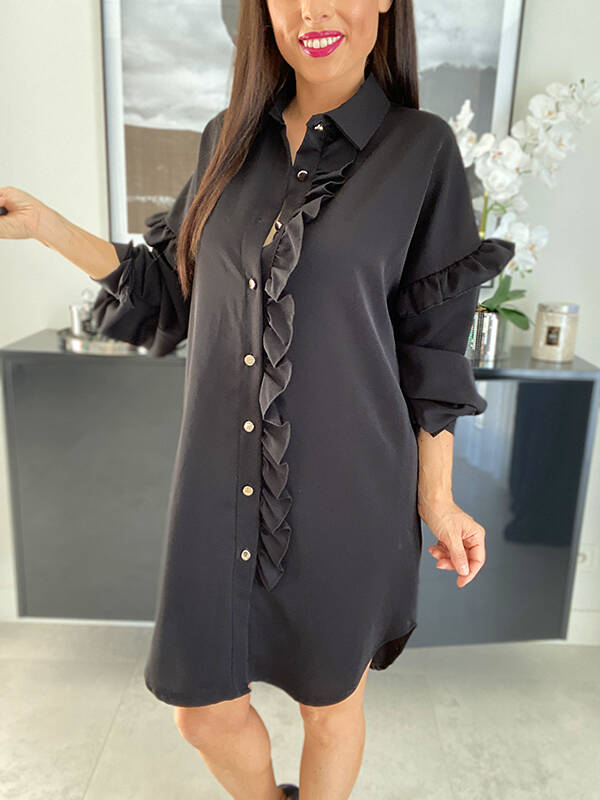 Koszulowa sukienka z falbankami WF167 czarna