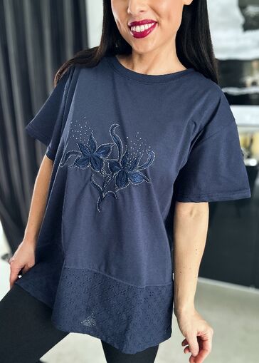 Bluzka z gipiurą i kwiatami N675 granatowy