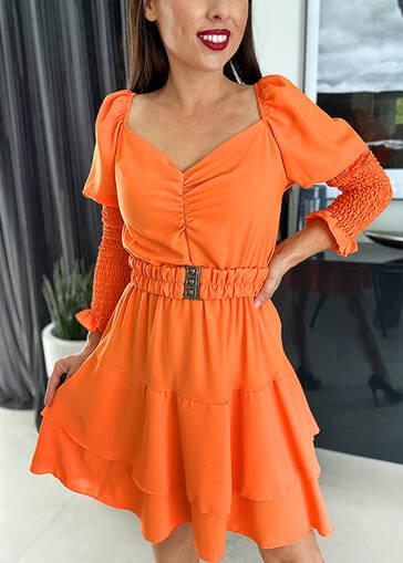 Okolicznościowa sukienka z gumowanym rękawem i paskiem WF683 Orange 