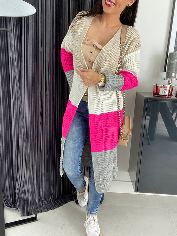 Długi sweter kardigan Tricolor M455 beżowo-różowy