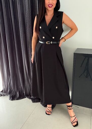 Długa sukienka z paskiem i złotymi guzikami WF825 czarny