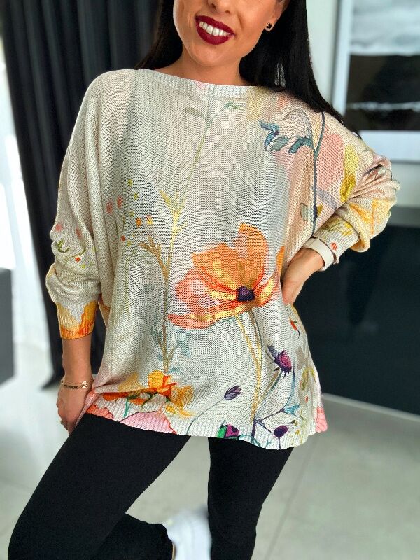 Luźniejszy sweter z kwiatami N648 pomarańczowy