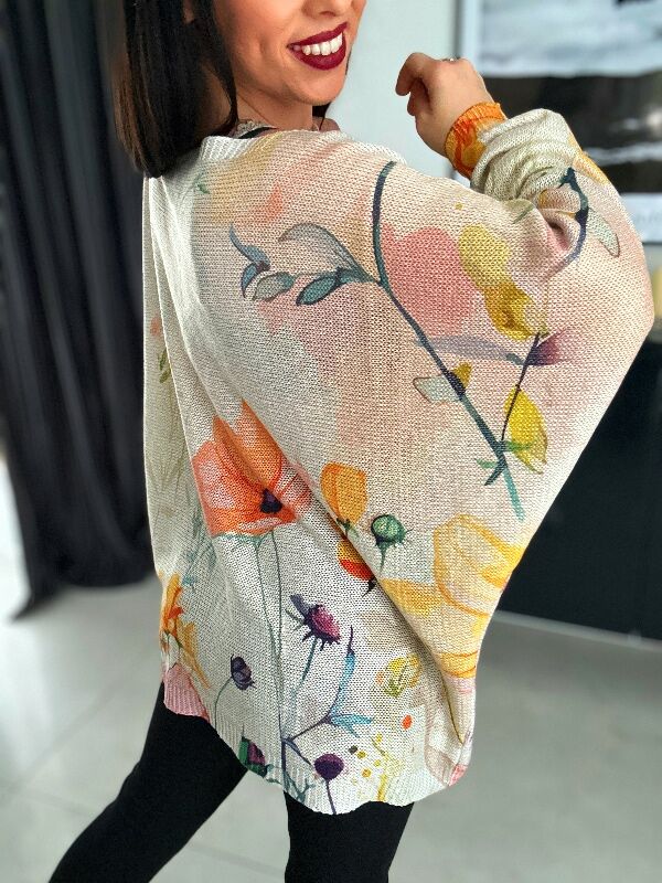 Luźniejszy sweter z kwiatami N648 pomarańczowy