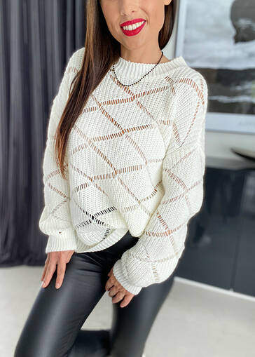 Sweter o ażurowym splocie Cori WE360 kremowy
