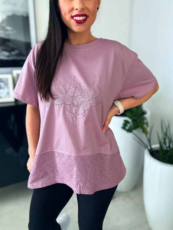 Bluzka z gipiurą i kwiatami N663 brudny różowy