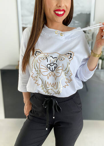 Bawełniana bluza z nadrukiem złoty tygrys M339 biała