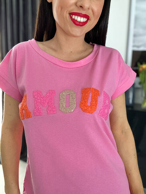 Bawełniana bluzka z napisem Amour WF543 różowa 