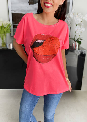 T-shirt z nadrukiem Red Lips K811 neonowy róż