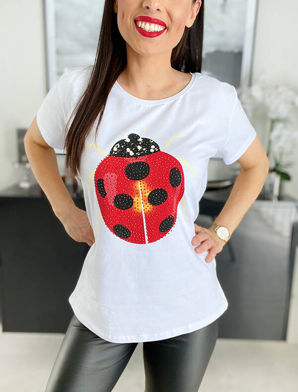 T-shirt z cyrkoniami i nadrukiem Ladybug K780 biały