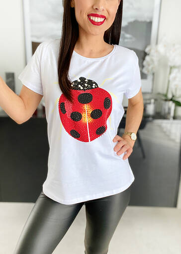 T-shirt z cyrkoniami i nadrukiem Ladybug K780 biały