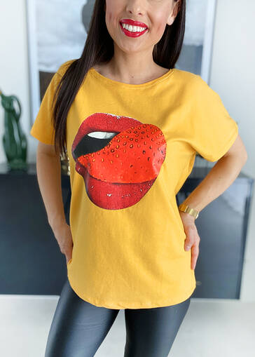 T-shirt z nadrukiem Red Lips K793 miodowy