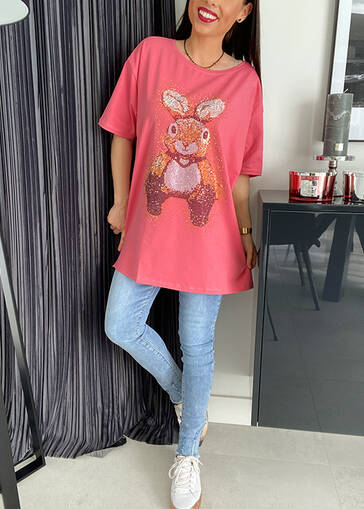 T-shirt z cyrkoniową aplikacją Bunny K512 ciemny róż