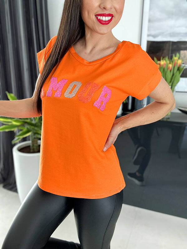 Bawełniana bluzka z napisem Amour WF544 orange 