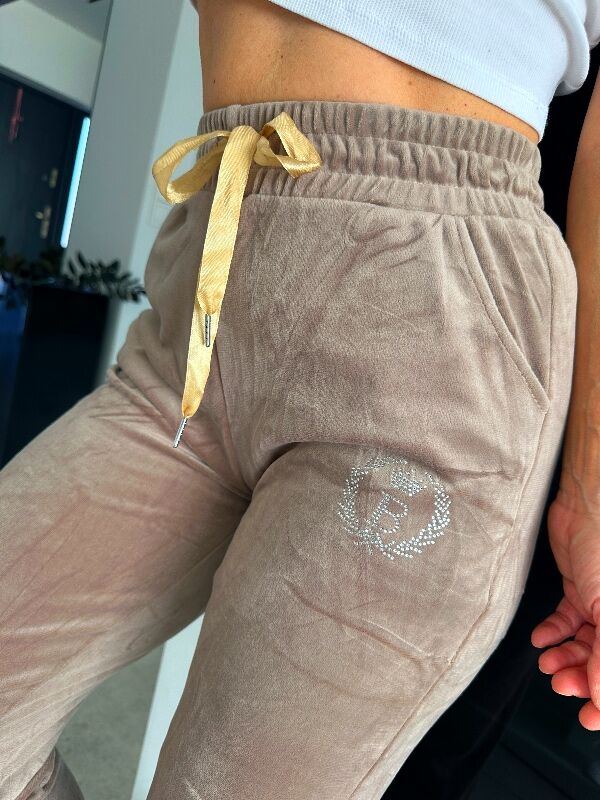 Damskie spodnie welurowe z cekinami N698 beżowy