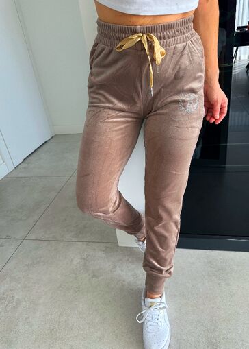 Damskie spodnie welurowe z cekinami N698 beżowy