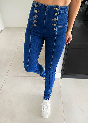 Spodnie jeansowe z wyszczuplający stanem i dwurzędowym zapięciem N189 niebieskie 