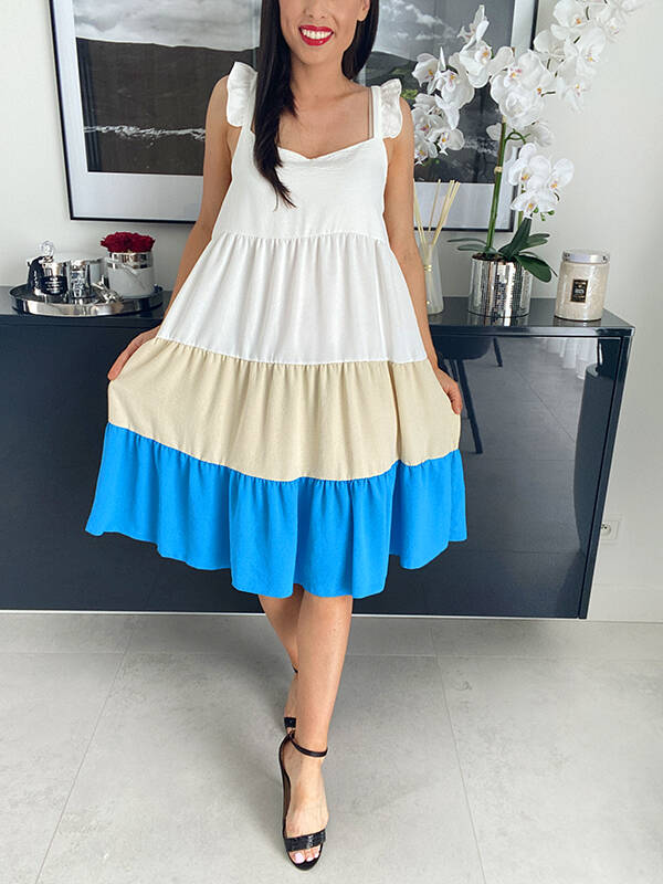 Sukienka na ramiączkach tri color WF165 biało-beżowo-niebieska