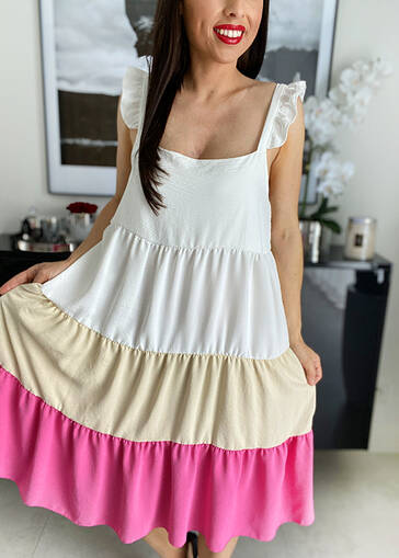 Sukienka na ramiączkach tri color WF166 biało-beżowo-różowa