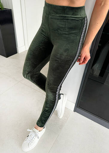 Welurowe spodnie legginsy z greckim lampasem N249 khaki