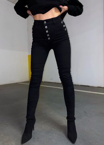 Czarne spodnie jeansowe z wysokim stanem zapinane na guziki N341