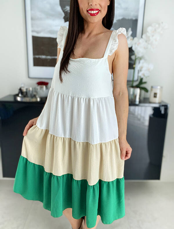 Sukienka na ramiączkach tri color WF161 biało-beżowo-zielona