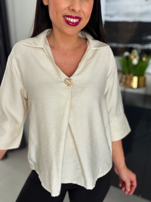 Beżowa koszulowa bluzka z kołnierzykiem WF840