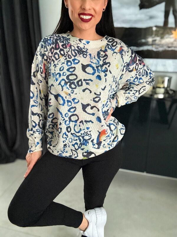 Miękki sweter w panterkę N650 niebieski