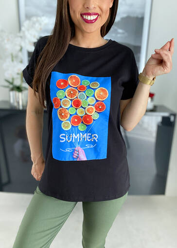 T-shirt z nadrukiem i cyrkoniami Summer L604 czarny