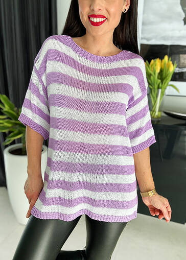 Sweter oversize w paski WF533 fioletowo-biała 