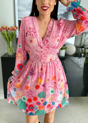Sukienka Luxury w kolorowe kwiaty z dekoltem w szpic WF647 różowa 